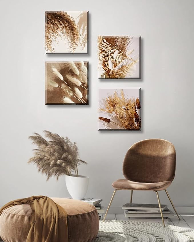 BLINFEIRU Boho Botanical Canvas Wall Art Prints Modern Neutral Fall Wall Decor Farmhouse Plant Dried Floral Grass Pictures for Bedroom Bathroom Decoration Home Living Room Artwork Framed 12"x12"x4