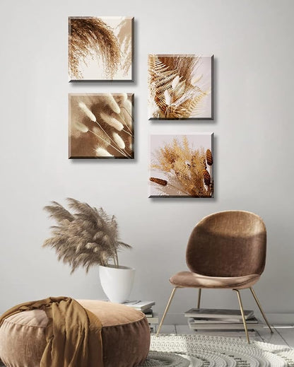 BLINFEIRU Boho Botanical Canvas Wall Art Prints Modern Neutral Fall Wall Decor Farmhouse Plant Dried Floral Grass Pictures for Bedroom Bathroom Decoration Home Living Room Artwork Framed 12"x12"x4