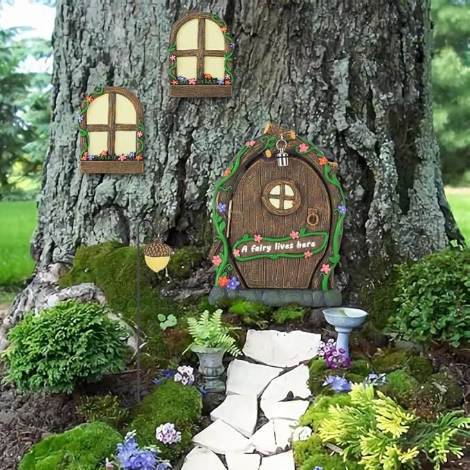 MEETYAMOR Miniature Fairy Garden Accessories, 4 PCS Opening Fairy Door and Windows with Light for Trees, Glow in The Dark Yard Art Outdoor Statues Fairy House Kit Garden Decor for Outside