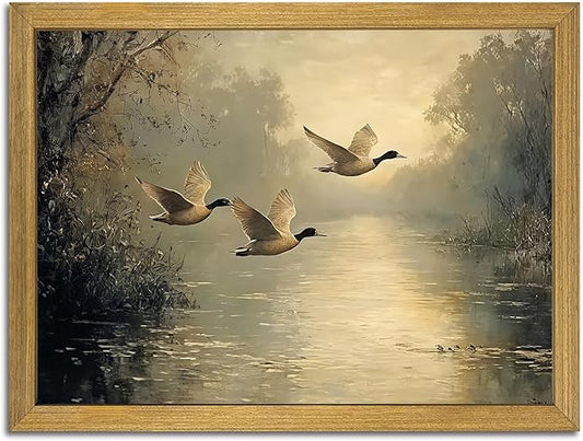 Wood Framed Canvas Landscape Wall Art, Countryside Art Wildlife Nature Pond Wall Decor, Vintage Mallard Duck Oil Paintings Print for Living Room, Bedroom, Office, Rustic Decor 16x24 inch