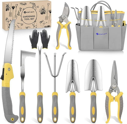 Yesker Gardening Tools 10-Piece Heavy Duty Garden Tool Set Gardening Supplies Gifts for Women Men Gardening Hand Tool Kit w Non-Slip Ergonomic Handle, Garden Bag, Durable Gloves, Pruning Shears, Gray