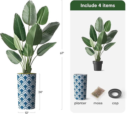 Artificial Tree in Modern Cloud Pattern Planter, Fake Bird of Paradise Silk Tree for Indoor and Outdoor Home Decoration - 67" Overall Tall (Plant Pot Plus Tree)
