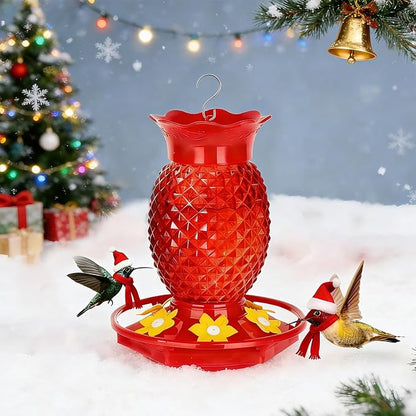 Glass Hummingbird Feeders for Outdoors Hanging Ant and Bee Proof 16OZ 1 Pack Red Pineapple Humming Bird Feeder with 6 Feeding Ports and Ant Moat Hummingbird Gifts for Women Garden Decor