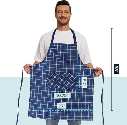 Will Well Kitchen Apron for Men and Women - 33" x 27" Oil-and-Water-Resistant with Adjustable Neck Strap and 38" Waist Ties for a Snug Fit, Lightweight with 2 Front Pockets - 2-Pack, Navy Checkered