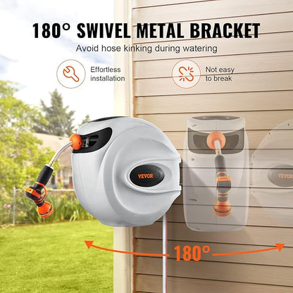 VEVOR Retractable Hose Reel, 115 ft x 1/2 inch, Garden Water Hose Reel with 9-Pattern Nozzle, 180° Swivel Bracket Wall-Mounted, Automatic Rewind, Lock at Any Length, with Slow Return System