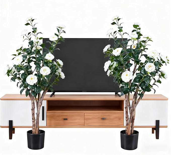 2pc 4ft Decorative Artificial Camellia Tree with White Flowers, Potted Faux Floral Plant, Realistic Blooming Fake Plants for Indoor Outdoor Home Front Door Planter Decor