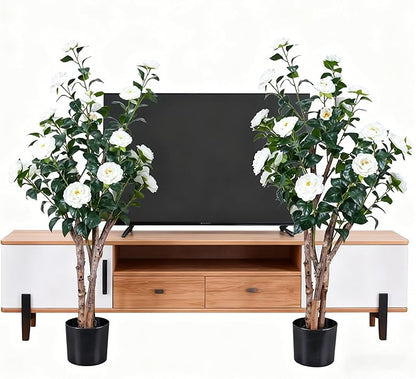 2pc 4ft Decorative Artificial Camellia Tree with White Flowers, Potted Faux Floral Plant, Realistic Blooming Fake Plants for Indoor Outdoor Home Front Door Planter Decor