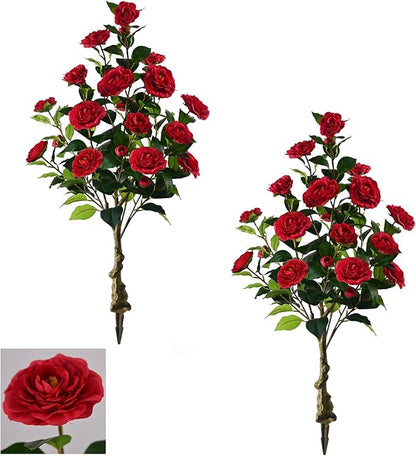 Artificial Camellia Tree with Spike, 36” Tall Faux Artificial Plants Outdoor Flower Tree with Red Blooming Camellia Flower, Fake Flower Tree for Home, Garden Decor(Red)