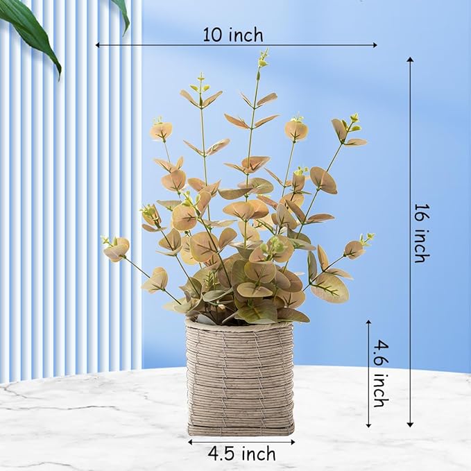Small Fake Plants 16 Inch Eucalyptus Stems Artificial Plant in Offwhite Leather Woven Planter with Polished River Rocks Evergreen Faux Plant Indoor for Home Bathroom Kitchen Decor