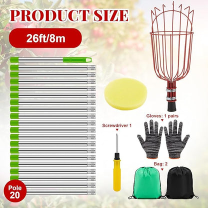 26ft Adjustable Fruit Picker Pole with Basket Long Handle with Storage Bag and Gloves Fruit Picker Equipment for Lemons Apples Avocados Picking (Red)