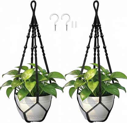 Macrame Plant Hanger, Up to 4-15 inch Pots, Wood Beads Cotton Hanging Planter Holder for Indoor Outdoor Boho Home Decor, 35 Inch, Set of 2 (Black)