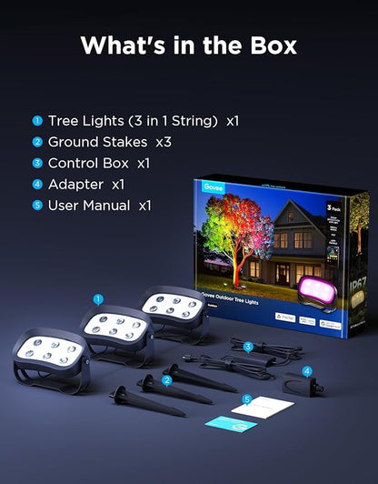 Govee Outdoor Tree Lights 3-Pack, RGBWIC LED Landscape Lighting, IP67 Waterproof, Outdoor Lights for Yard Patio Garden, 66 Scene Modes with App Control, Works with Alexa, Google Assistant, Matter