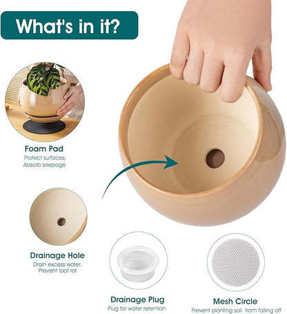 vancasso 3-Pack Ceramic Plant Pots, 3.7/4.8/6.2 Inch Indoor Planters with Saucers & Drainage Hole Planter pots for Indoor Plants and Flower, Brown