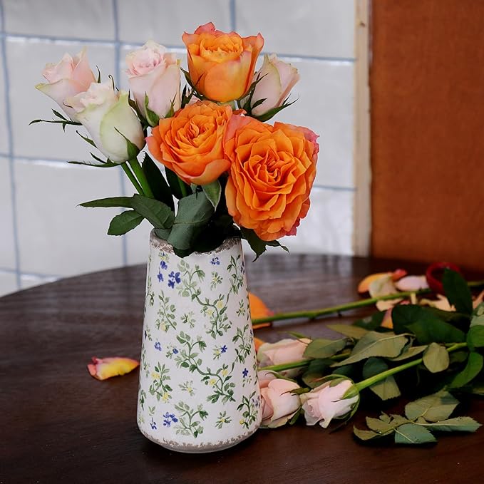 Vintage Ceramic Vase, Tuscan Crackle Glaze Small Flower Vase with Blue and Beige, Rustic Retro Table Vases Decor for Farmhouse Living Room, Bookshelf, Office, Grand Millennial