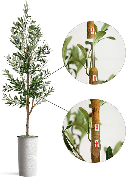 Artificial Tree in White Marble Effect Planter, Fake Olive Silk Tree for Indoor and Outdoor Home Decoration - 68" Overall Tall (Plant Pot Plus Tree)