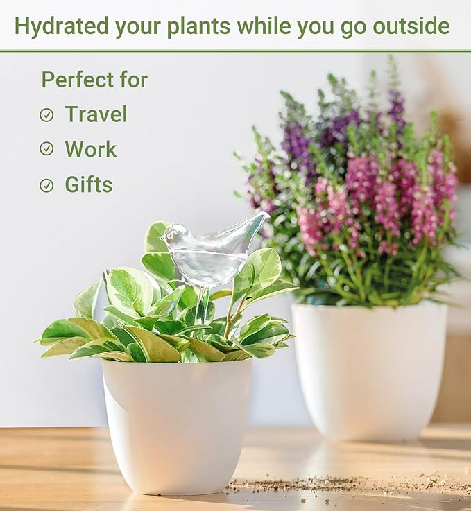 Mkono Plant Self Watering Globes Glass Water Bulbs for Planter Insert, Bird Shape Self Watering Devices Automatic Plant Waterer Spikes for Indoor Outdoor Plants, Gifts for Plant Lovers, 2 Pack