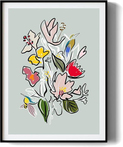 Abstract Floral Framed Wall Art for Bedroom, Colorful Botanical Canvas Prints, Hummingbird Painting Picture, Flower and Bird Wall Decor for Living Room Apartment Dorm Gallery, Hand-drawn Style Canvas Wall Art, Gifts for Friends & Family – 24" x 18"