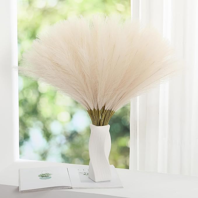 Faux Beige Pampas Grass - 30pcs 24 Inch Boho Home Decor, Artificial pompas Floral, Small Fake Pompous Grass for Table Centerpieces, Wedding and Baby Shower Decorations (Beige, 30 Pieces)