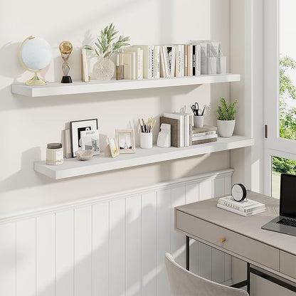 Fun Memories 55 Inch Fireplace Mantel Shelf -Long Floating Shelves, Deep Wall Mounted Farmhouse Display Shelves with Invisible Heavy Duty Metal Bracket, White, 2 Pack