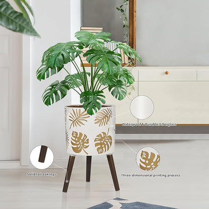 12 Inch Planter, Plant with Stand, Large Planters for Indoor Plants,Flower Pot with Drainage Holes for Outdoor,White and Gold