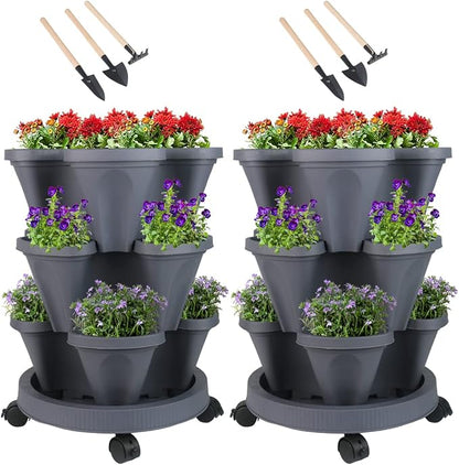 GameXcel Vertical Planter 3 Tier Stackable Planters Garden Planters Strawberry Herb Flower and Vegetable Planter Indoor Outdoor Gardening Pots with Removable Wheels and Tools
