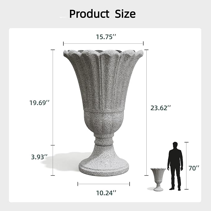 23.6" Tall Plastic Urn Planters for Outdoor Plants with Drainage Holes & Petal Design, Set of 2 Heavy-Duty Classic Indoor Large Flower Pots, Outdoor Planters for Porch/Home/Garden, Gray