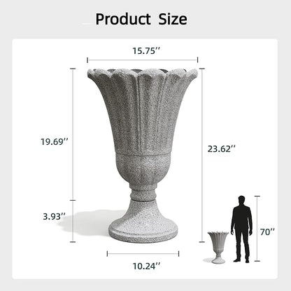 23.6" Tall Plastic Urn Planters for Outdoor Plants with Drainage Holes & Petal Design, Set of 2 Heavy-Duty Classic Indoor Large Flower Pots, Outdoor Planters for Porch/Home/Garden, Gray