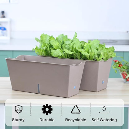 Window Box Planter 6 Pcs, 16.5 Inches Self Watering Rectangle Flower Plant Pots with Drainage Holes Trays, Vegetable Planters for Windowsill Patio Garden Balcony Porch Yard (Khaki)
