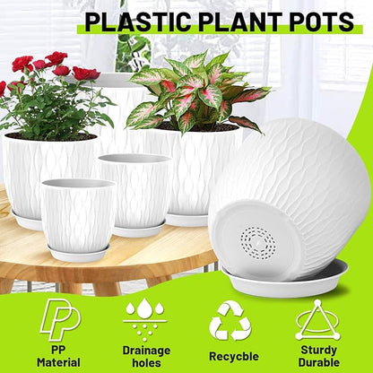 Plastic Plant Pots 10/9/8/7.5/7 inch Set of 5, Flower Planters with Drainage Holes and Saucers, Plastic Pots for Indoor Outdoor Plants, Livingroom Garden Decor (White)