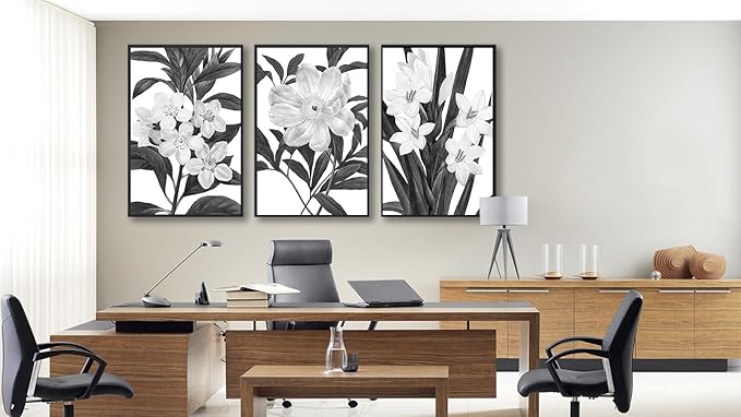 Large Framed Flower Wall Art - Blooming Floral Wall Decor 24"x36" Set of 3 Black and White Painting Prints Vintage Botanical Canvas Pictures for Living Room Bedroom Office Artwork