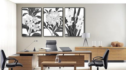 Large Framed Flower Wall Art - Blooming Floral Wall Decor 24"x36" Set of 3 Black and White Painting Prints Vintage Botanical Canvas Pictures for Living Room Bedroom Office Artwork