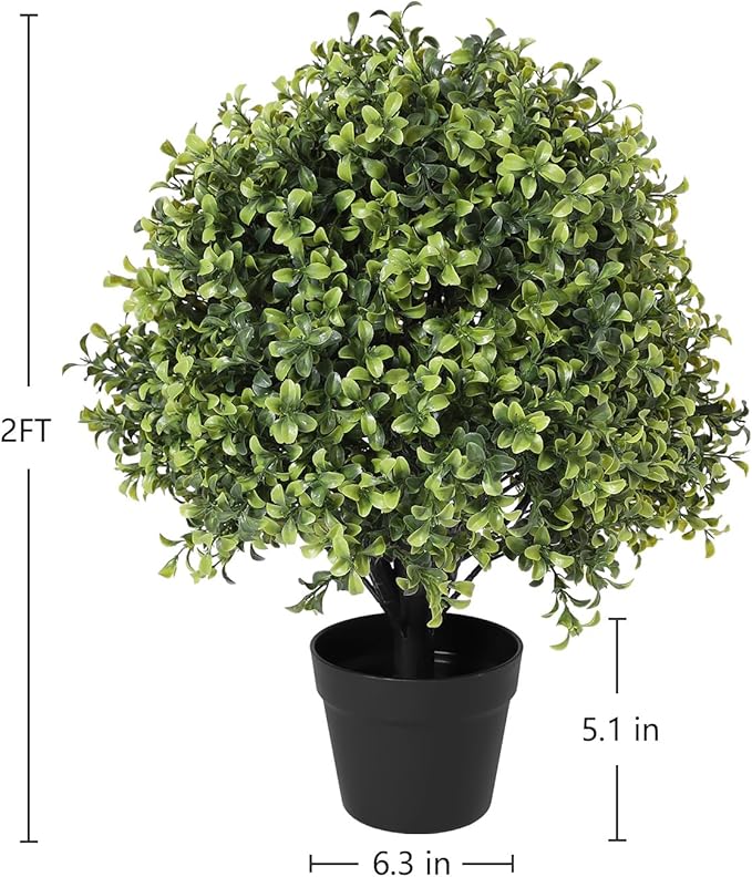 24" Faux Boxwood Plants Outdoor, Artificial Topiary Ball Trees Set of 2, UV Resistant Fake Potted Evergreen Realistic Greenery Bushes Shrubs for Outside Front Porch Planter Patio Indoor Decor 2ft Tall