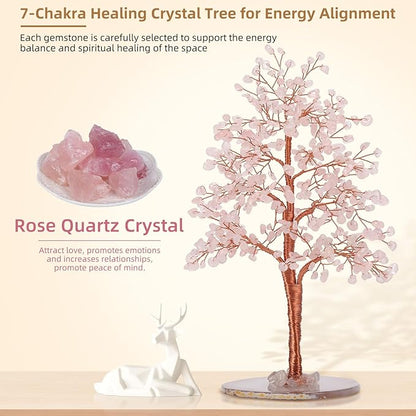 Hopeseed Rose Quartz Chakra Crystal Tree of Life Handmade Bonsai Healing Crystals Tree for Home, Desk, Living Room, Office Decor for Positive Energy, Good Luck Birthday Gift for Women, Mom, Men