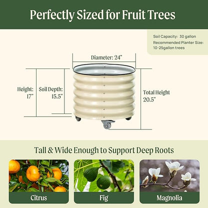 Rolling Metal Citrus Tree Planter Pot, 24″ Round Planter Box for Porch Patio & Backyard, 30 Gallon Large Planter Pot with Wheels for Growing Trees Tomatoes Vegetables and Flowers, Pearl White