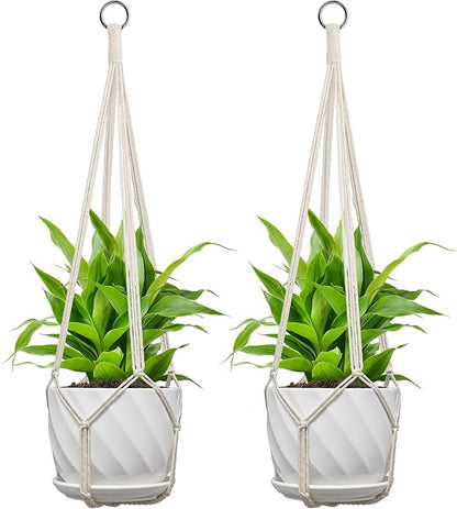 2 Pack Macrame Plant Hanger, Fits 4-13 Inch Pots, Boho Hanging Plant Holder for Indoor Outdoor, 35 Inch, White