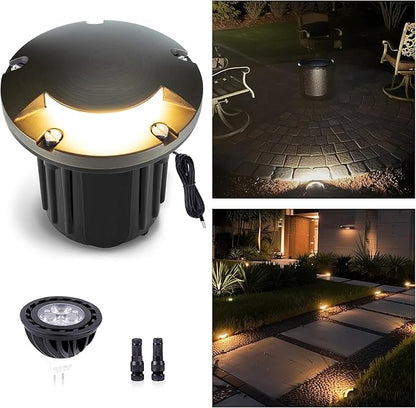 Gardenreet In Ground Well Light - Brass 12V Ip65 Waterproof Outdoor Landscape Lighting, Low Voltage LED In-Grade Turret Top Light, Antique Bronze for Walkway Patio Deck with 2700K Warm White MR16 Bulb