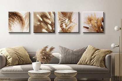 BLINFEIRU Boho Botanical Canvas Wall Art Prints Modern Neutral Fall Wall Decor Farmhouse Plant Dried Floral Grass Pictures for Bedroom Bathroom Decoration Home Living Room Artwork Framed 12"x12"x4