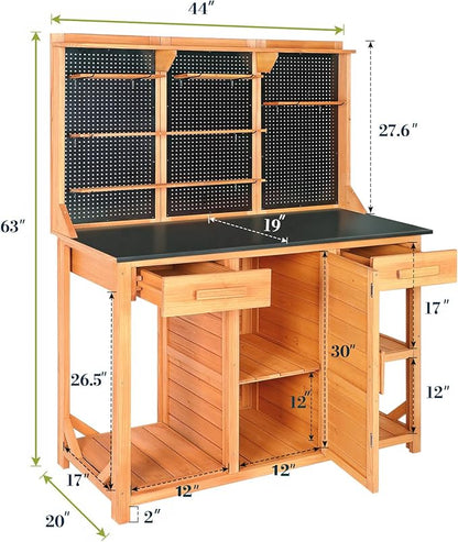 Outdoor Garden Potting Bench, Horticultural Wooden Workstation Table with Storage Drawer, Cabinet, Metal Pegboard, Adjustable Hooks and Shelves for Backyard, Patio, Greenhouse