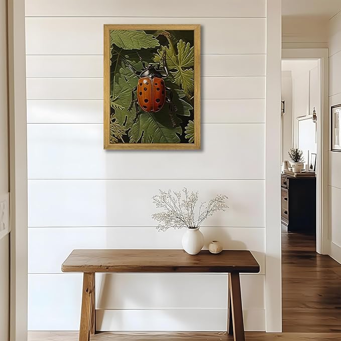 SAMHOU Framed Vintage Beetle Wall Art, 3D Textured Hand Drawn Sandstone Drawn Bug Artwork, Nature Botanical Wall Decor Painting, Rustic Woodland Cottagecore Oil Paintings 12''x16''