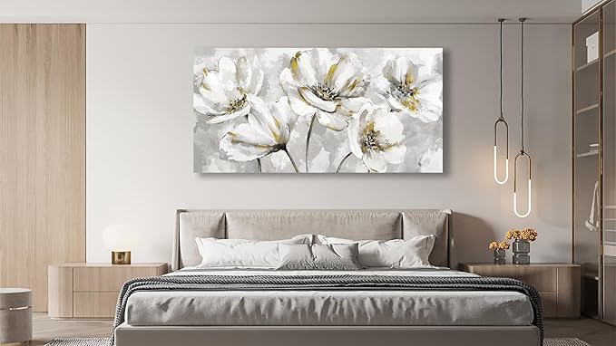 arteWOODS Flowers Canvas Wall Art - Gray White Flowers with Yellow Accents Pictures Wall Decor Botanical Painting Artwork Elegant Floral Prints Home Decor Living Room Bedroom Ready to Hang 40 x 20in
