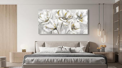 arteWOODS Flowers Canvas Wall Art - Gray White Flowers with Yellow Accents Pictures Wall Decor Botanical Painting Artwork Elegant Floral Prints Home Decor Living Room Bedroom Ready to Hang 40 x 20in