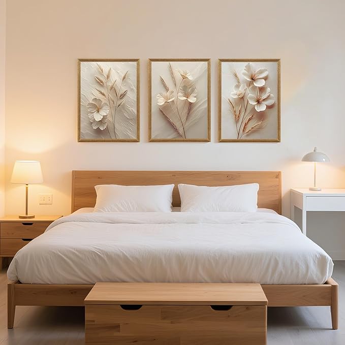 FYLDPSB 3Pcs Framed Neutral Beige Floral Canvas Wall art, Modern Simple Texture Plant Painting Wall Decor, Vintage Flower Poster Prints for Living Room Bedroom Farmhouse Ready to Hang 16''L x 12''W