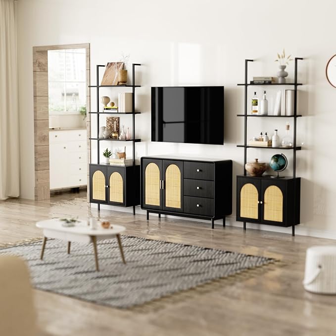 Ladder Bookshelf with Cabinet, 6 Tier Wall Mount Ladder Bookcase with Rattan Cabinet, Tall Open Ladder Shelf with Metal Frame for Living Room, Bathroom, Home Office, Black