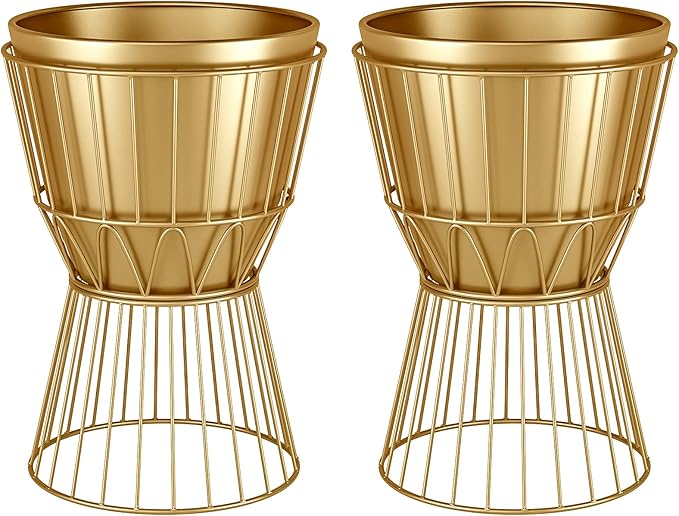 Metal Planter Stand with Pot 12" - Decorative Gold Plant Stand Holder Flower Potted Rack for Corner Display, Living Room, Office, Indoor, Modern Home Decor - 17.5" Tall