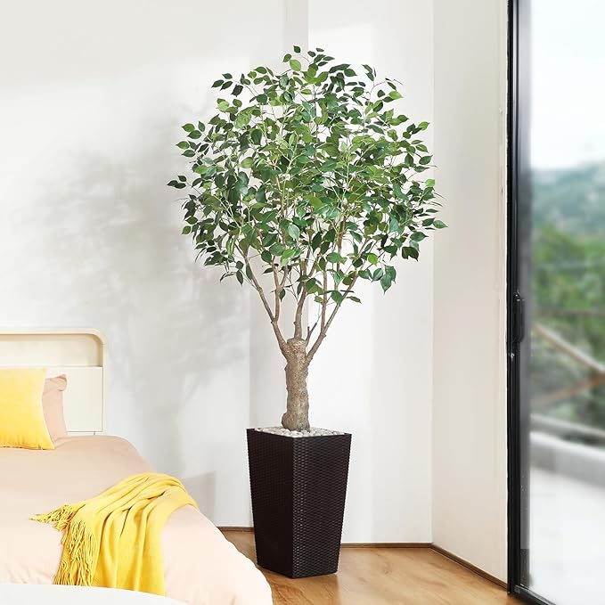 Ficus Artificial Trees Indoor Outdoor, 7ft Tall Fake Plants, Fake Ficus Silk Tree for Home Office Garden Patio Outdoor Modern Decor, 1 Pack