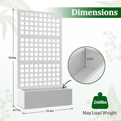 Metal Raised Garden Bed with Trellis, 2 in 1 Trellis with Planter Box & Privacy Screen for Climbing Plants, Vine, Outdoor Standing Flower Beds with Drainage Holes, 35.4" L x 16.7" W x 70.8" H, White