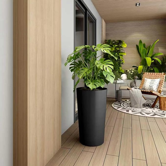 2Pack 23" Tall Modern Plant Pots Black, Indoor/Outdoor Planting with Wire Drawing Process, Containers Large Decorative Tree Planter Front Porch Patio