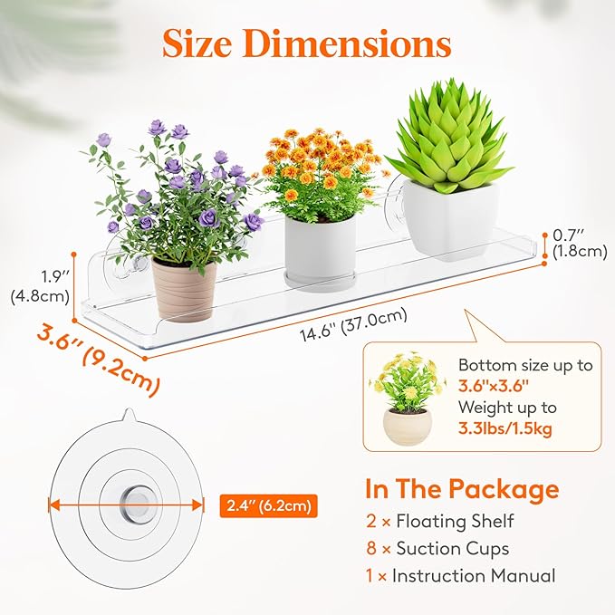 Lifewit Window Plant Floating Shelves 14.6 x 3.6 inch, 2 Pack Acrylic Suction Cup Shelf, Window Sill Extender for Indoor Succulent Plants, Micro Greens, Seed Starter Pots, Herb Planters