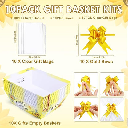 AFOROEOA 10PACK Sunshine Baskets for Gifts Empty, 10x12” Gift Baskets for Women Empty 10 Bows 10 Bags, Empty Gift Basket for Women Mother's Day Thanksgiving Christmas Easter Teacher Appreciation