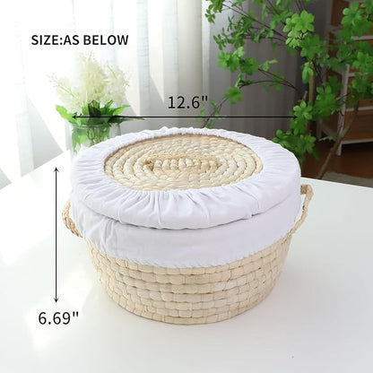 YAHUAN Round Bread Basket Serving Woven Bread Baskets Wicker Baskets Sourdough Proofing Basket with Removable Liner and Cover (Corn husk)